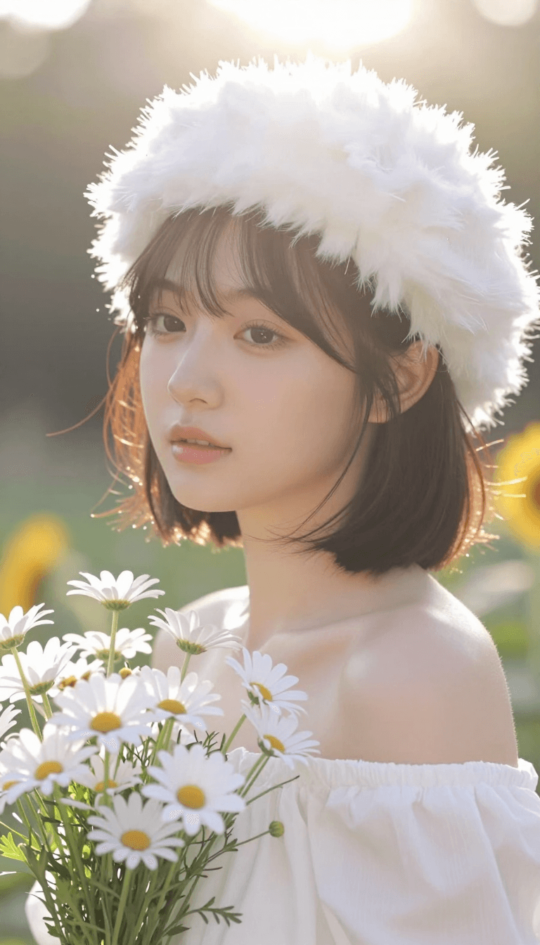 Opheliaai موجه:photograph of an asian woman with a bob haircut, wearing a fluffy white hat, sun…