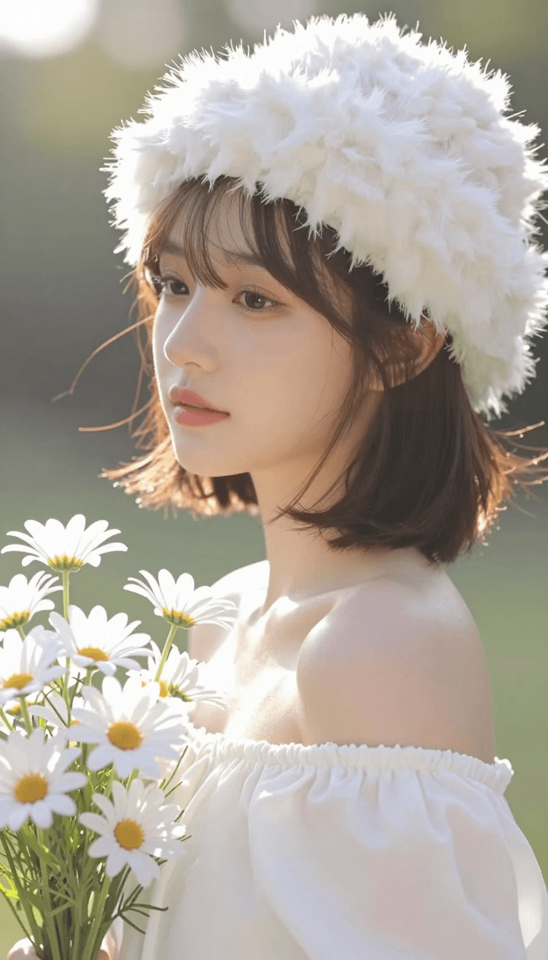 Opheliaai prompt:photograph of an asian woman with a bob haircut, wearing a fluffy white hat, sun…