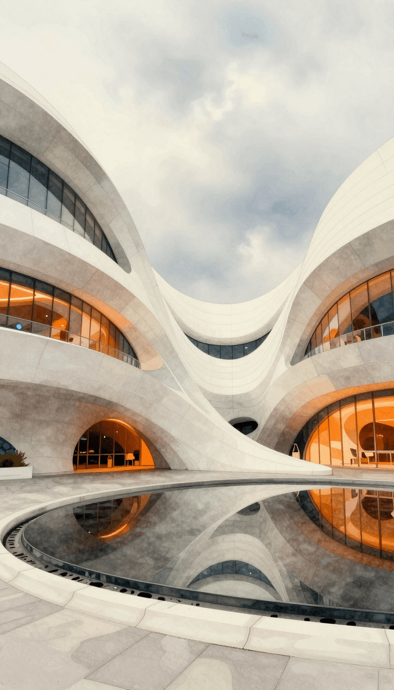Opheliaai พรอมต์:Photograph of a modern,abstract architectural structure with smooth,flowing whit…