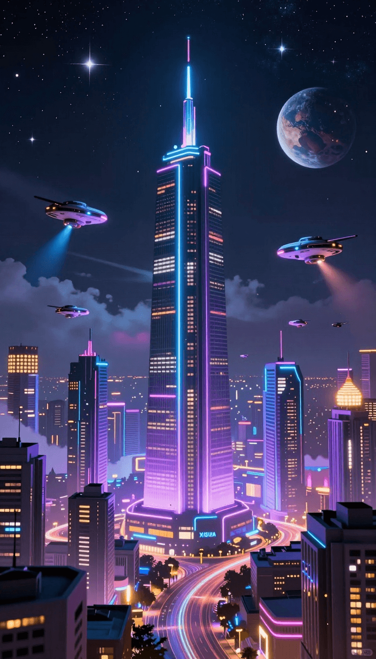 Opheliaai prompt:XIGUA,This picture shows the future sci-fi city. Stars twinkle in the night sky…