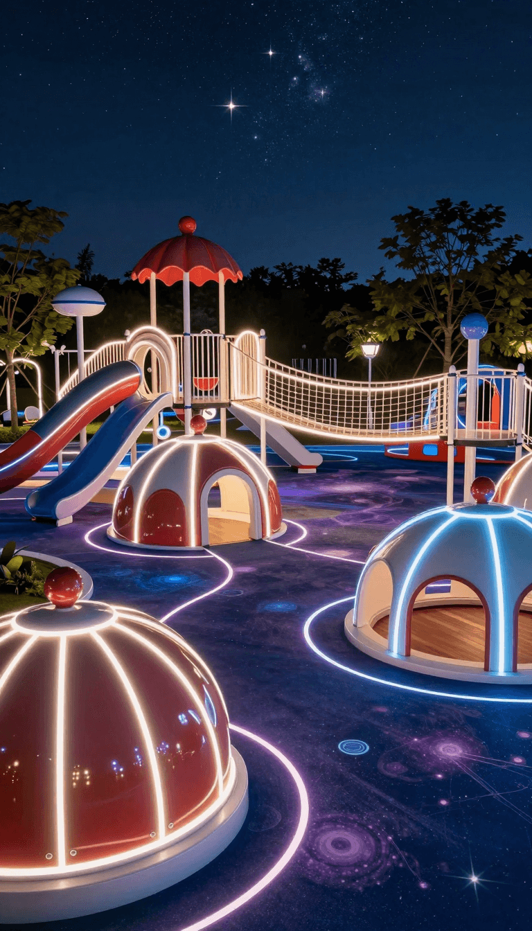 Opheliaai 提示詞:a futuristic children's playground at night with space-themed design,glowing LED…