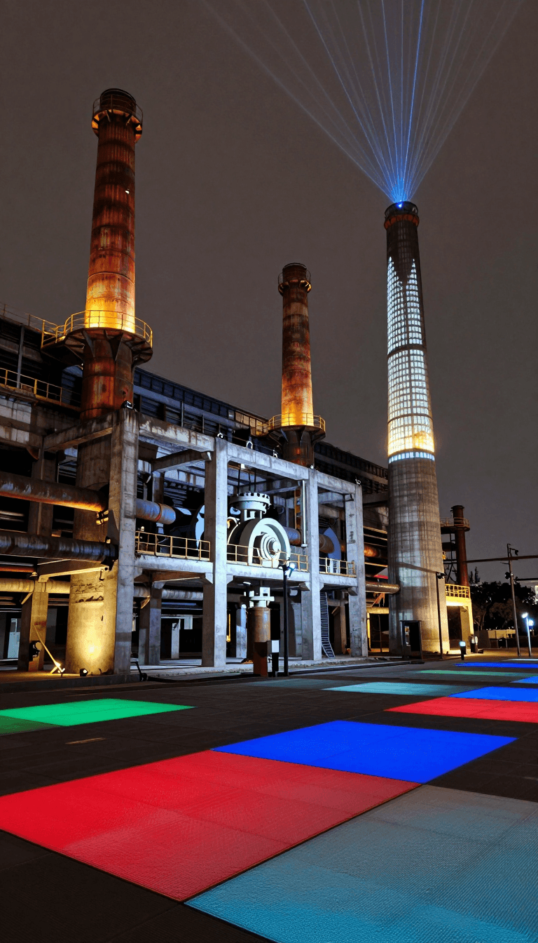 Opheliaai prompt:Landscape lighting,Lighting design,Repurposing a derelict factory’s concrete fra…