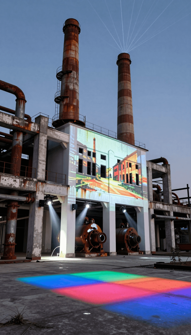 Opheliaai prompt:Landscape lighting,Lighting design,Repurposing a derelict factory’s concrete fra…