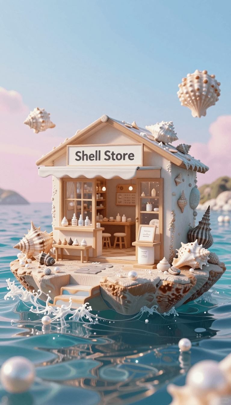 Opheliaai prompt:shop,Shell Store: A shop made of shell structures,located on a floating island s…
