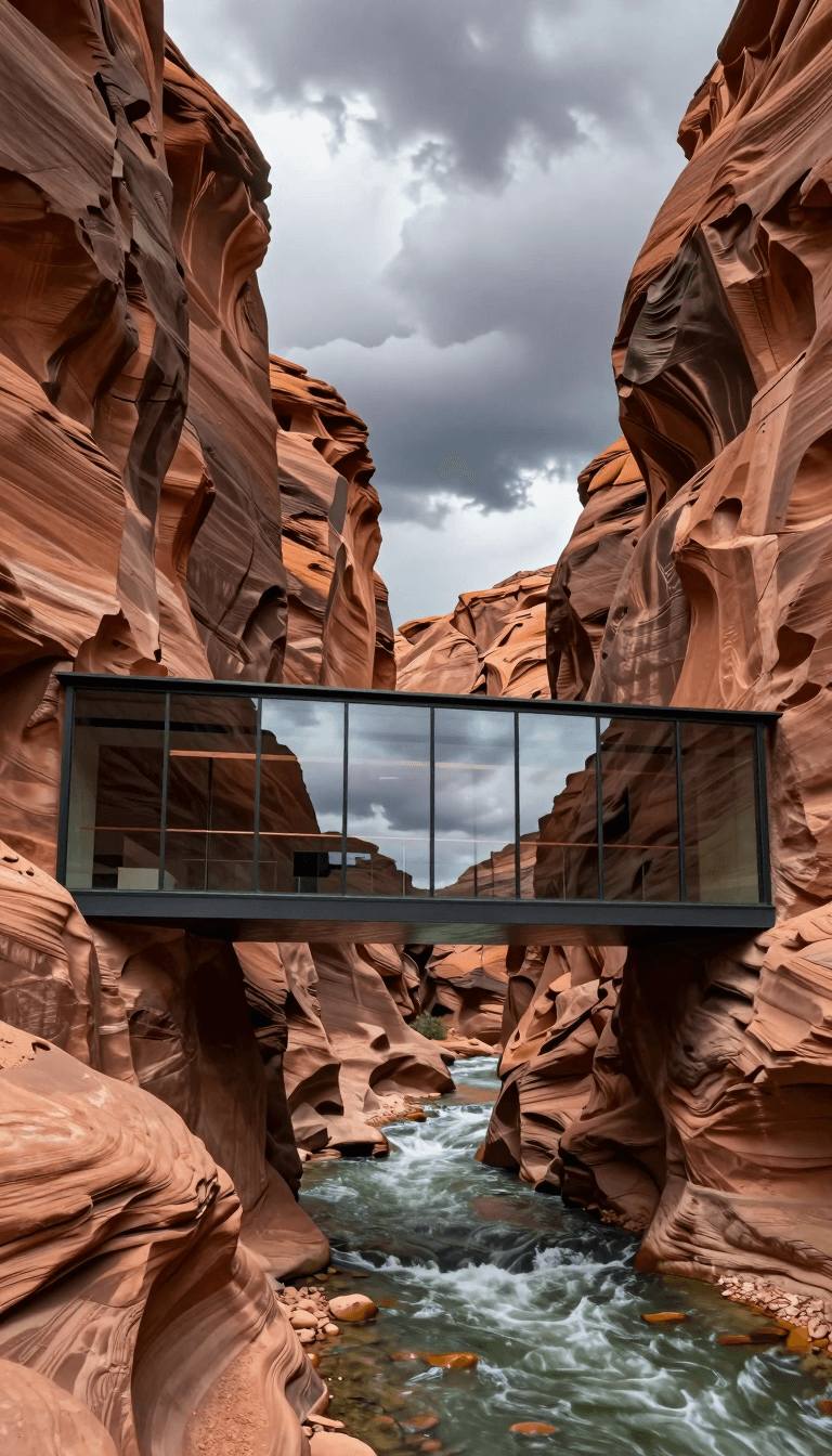 Opheliaai prompt:HIRO,A photograph of a streamlined, low-slung glass gallery reflecting a dramati…