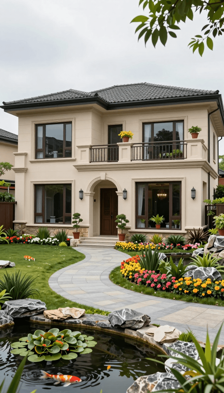 Opheliaai 프롬프트:A luxurious two-story house with a beige exterior,surrounded by a lush garden. T…