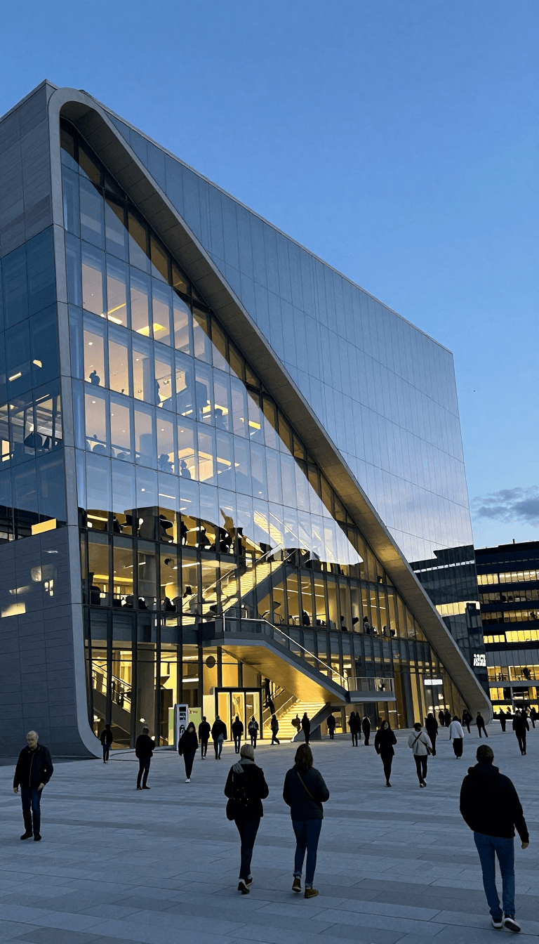 Opheliaai موجه:futurism,Futurist architecture, Photograph of the futuristic, curved, glass-and-…