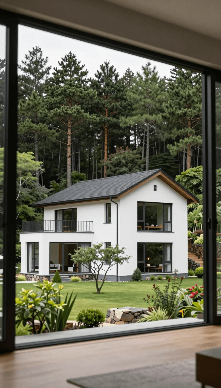 Opheliaai prompt:View the interior through the glass,A photograph of a modern,two-story white hou…