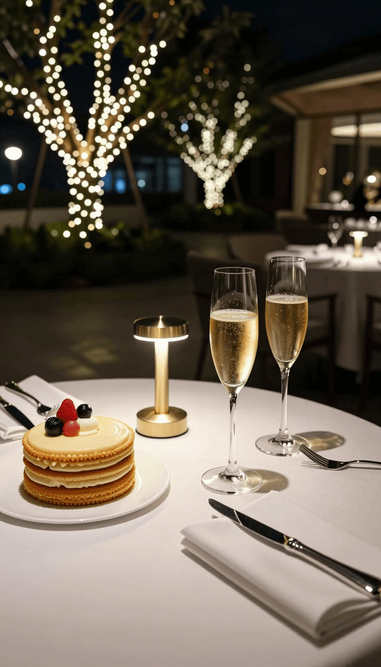 Opheliaai prompt:cake070,High end restaurant,outdoor,at night,with flashing lights,two glasses of…