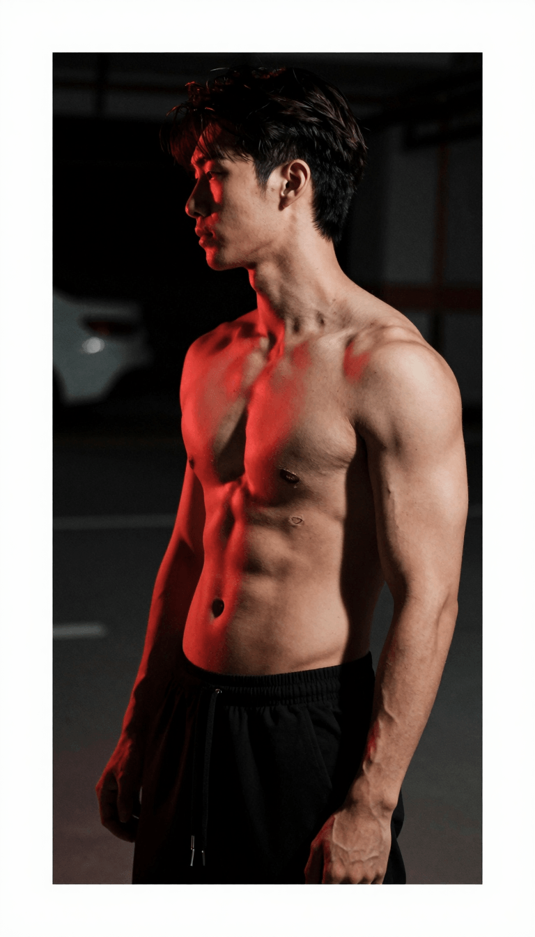 Opheliaai prompt:photo,photo,photo,A ripped,shirtless Asian dude with short,dark hair stands in p…