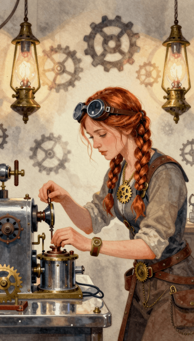 Opheliaai prompt:A steampunk laboratory,a female inventor with copper wire braids leans over to a…