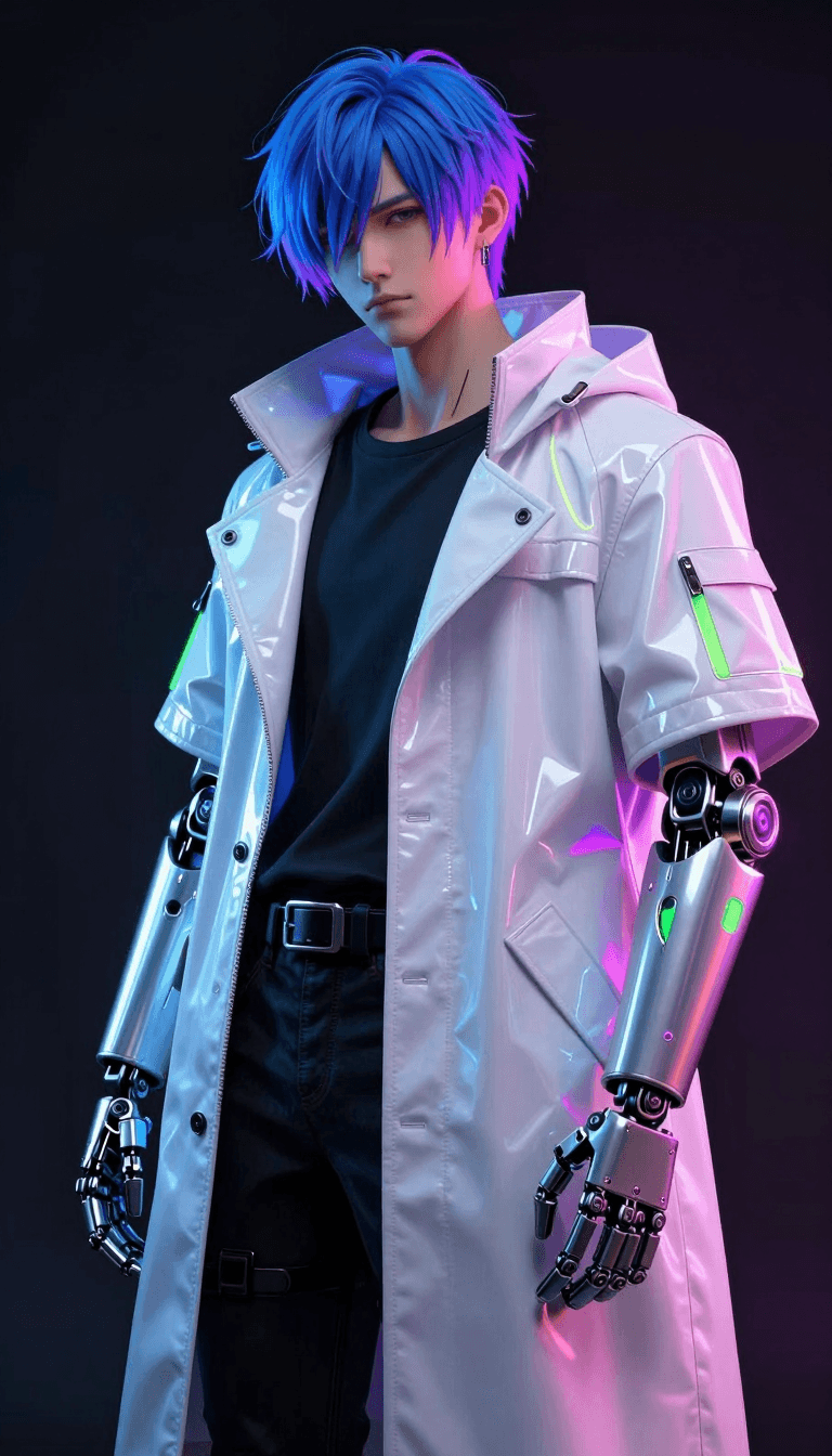 Opheliaai prompt:Cyberpunk style anime men's 3D illustration, blue purple gradual highlights shor…
