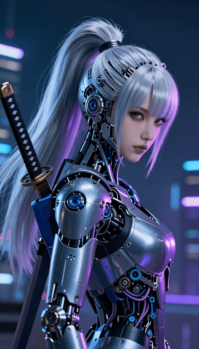Opheliaai prompt:XIGUA,In the image is a cyberpunk-styled cyborg. The silver-white high ponytail…