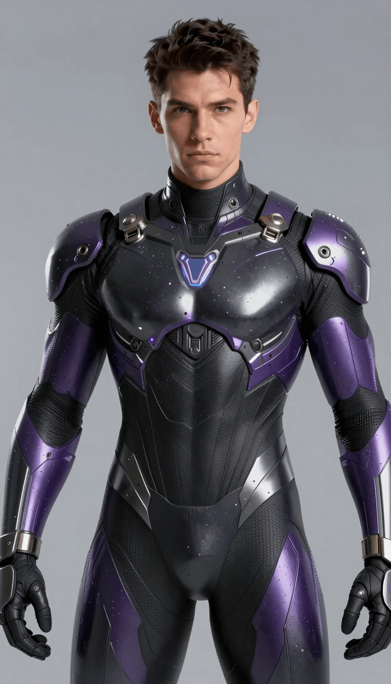 Opheliaai prompt:A muscular,handsome man with dark short hair,wearing a futuristic,metallic,black…