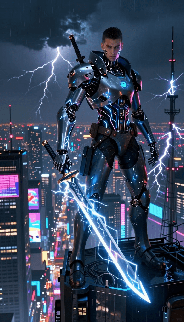 Opheliaai prompt:Cyberpunk,cyberpunk,A cybernetic warrior stands atop a neon-drenched skyscraper,…