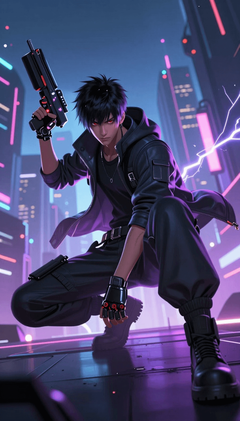 Opheliaai プロンプト:a digital illustration shoot from below about a cyberpunk character in a dynamic…