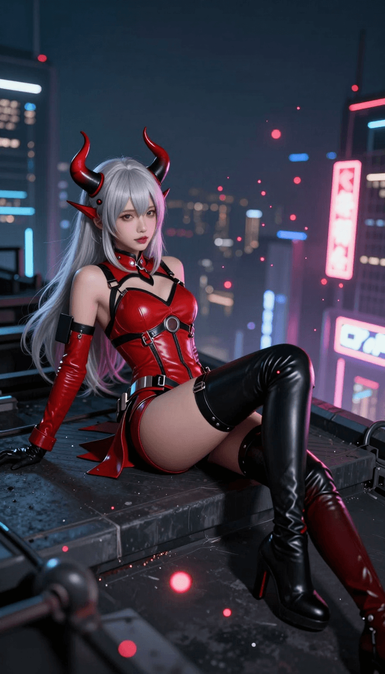 Opheliaai prompt:A charming silver-haired demon girl, wearing a red and black gradient horn-shape…