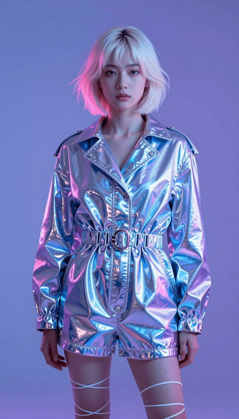 Opheliaai 프롬프트:Laser reflective, pink and white highlights short hair lined with cold eyebrows,…