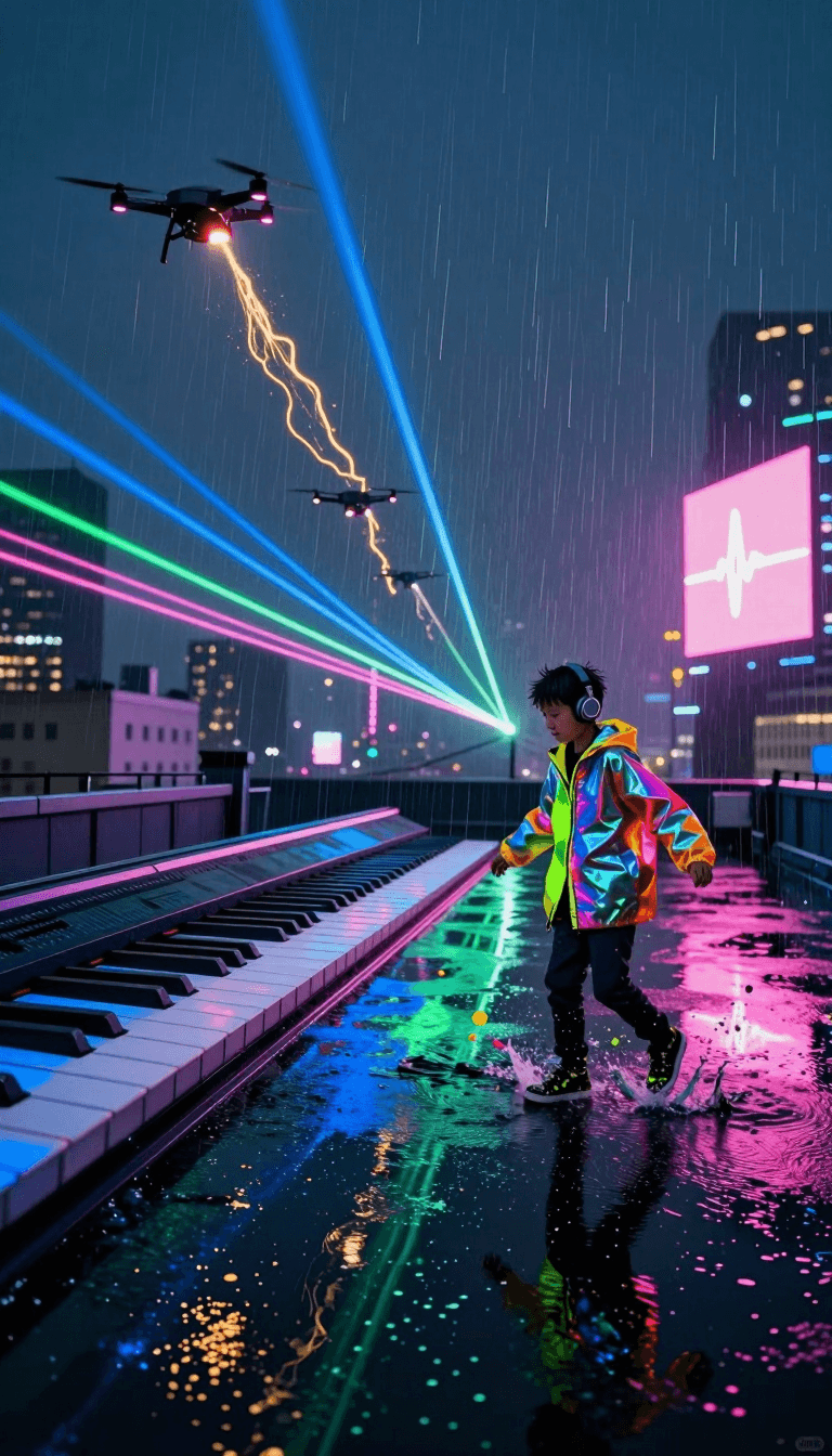 Opheliaai プロンプト:A rooftop covered in dark reflective puddles after a heavy rain, mirroring the n…