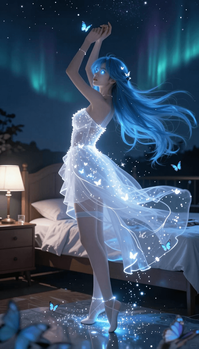 Opheliaai prompt:JKC,lights skirt,F1GongbiNV,Bedroom,bed,desk lamp,Standing with the ground are b…