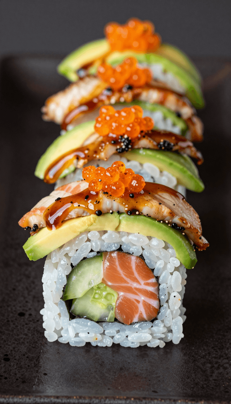 Opheliaai prompt:IPBD, A meticulously arranged platter of sushi rolls, each piece showcasing a ha…
