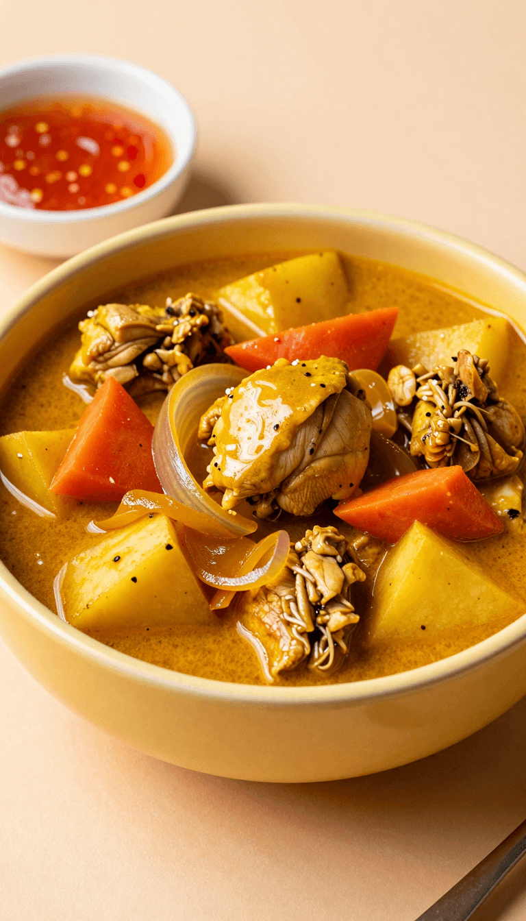 Opheliaai prompt:IPBD, A photograph of a yellow ceramic bowl filled with a hearty chicken curry,…