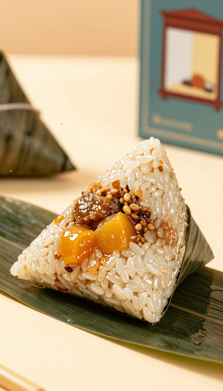 Opheliaai prompt:A Zongzi with meat and fruit inside,made of rice dumpling skin,close-up shot,foo…