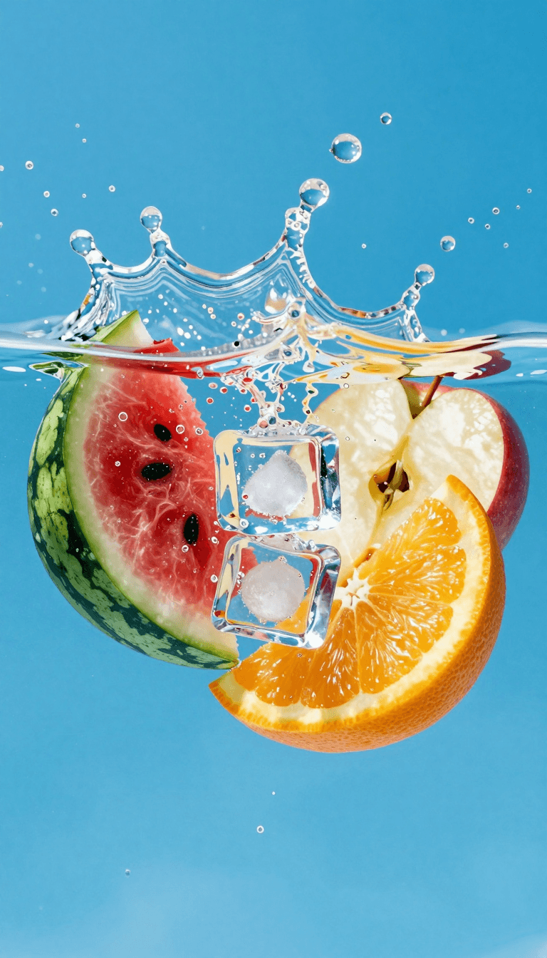Opheliaai prompt:ad style,a close-up shot of fruit slice ice cubes splashing in water against a b…