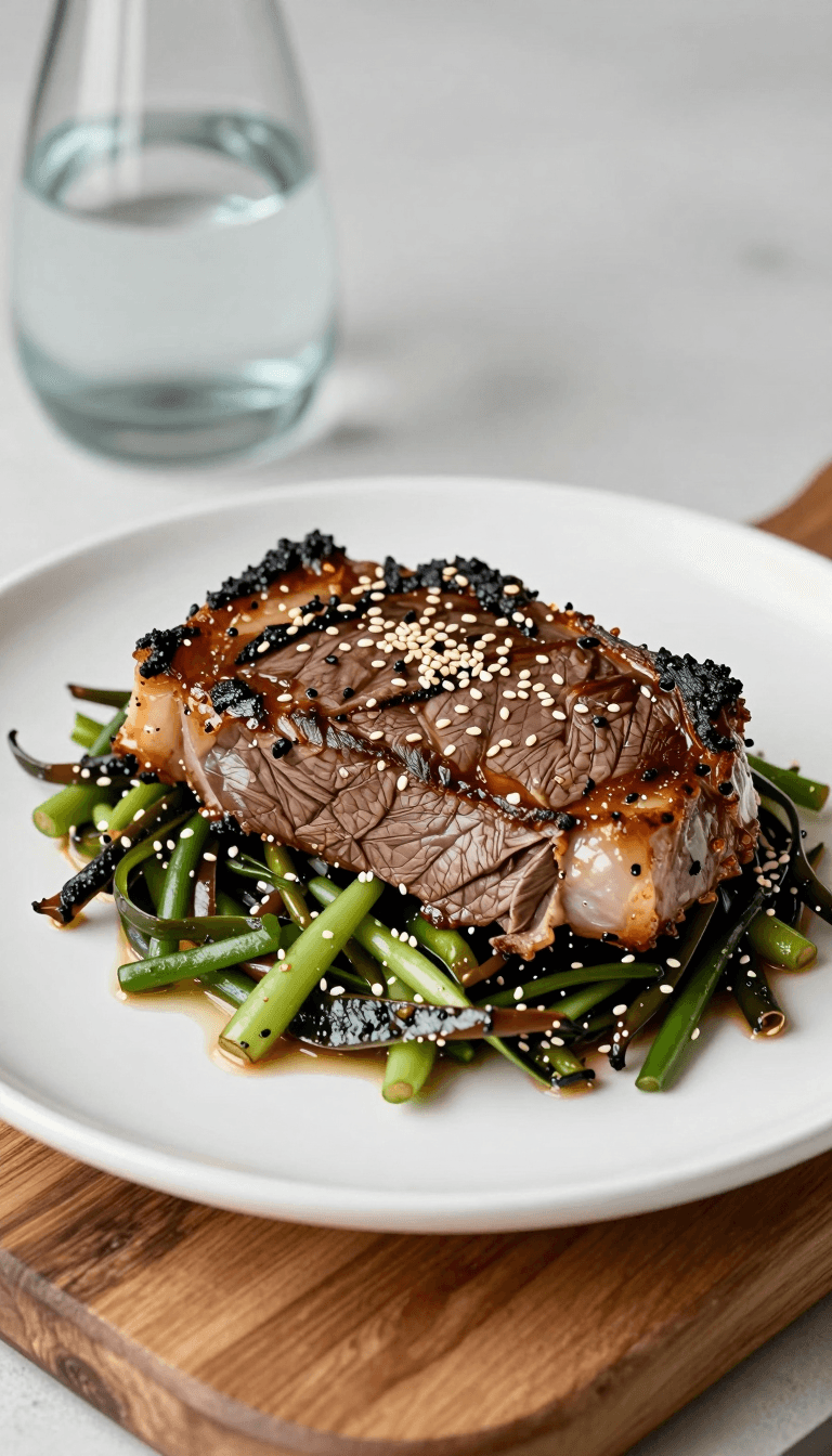 Opheliaai พรอมต์:High-resolution photo of a Mediterranean-style dish. A large piece of roasted be…