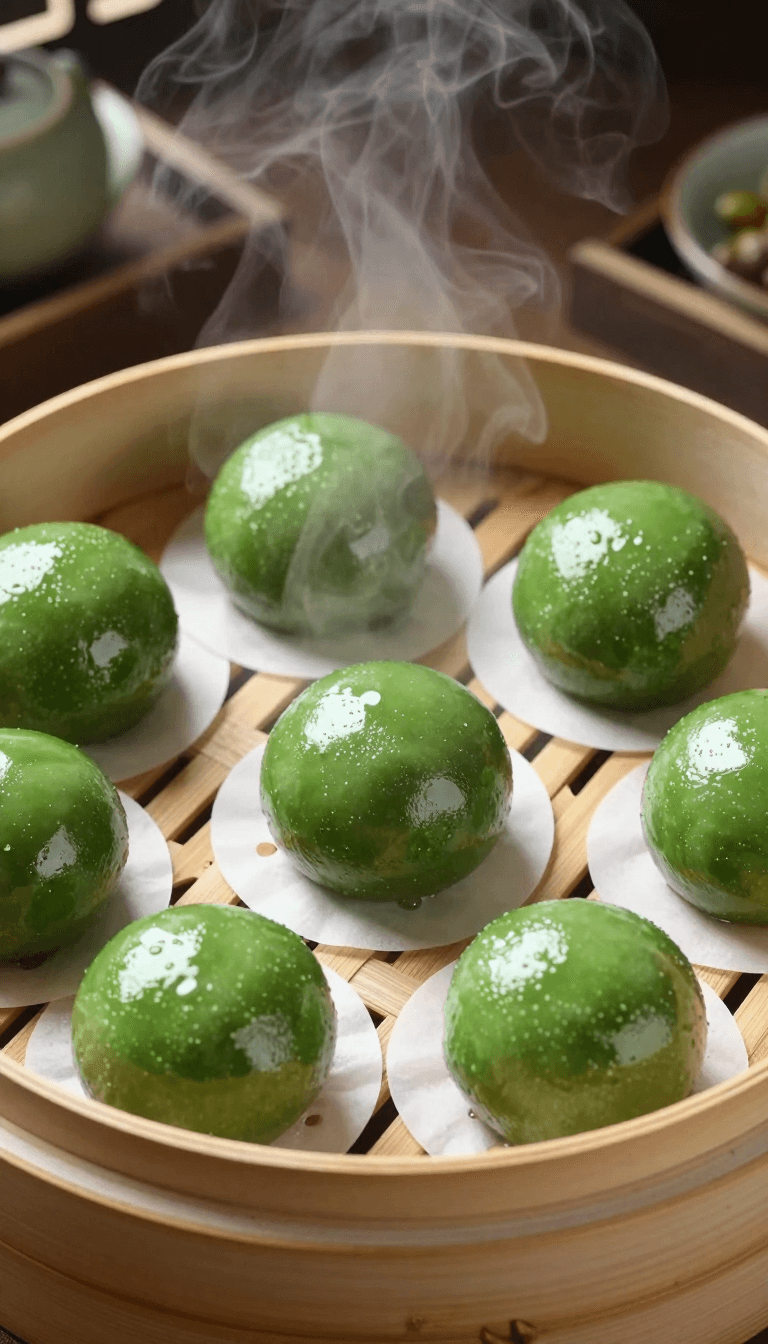 Opheliaai prompt:qingtuan,Streams of steam rose from the bamboo steamer. Eight round green balls…