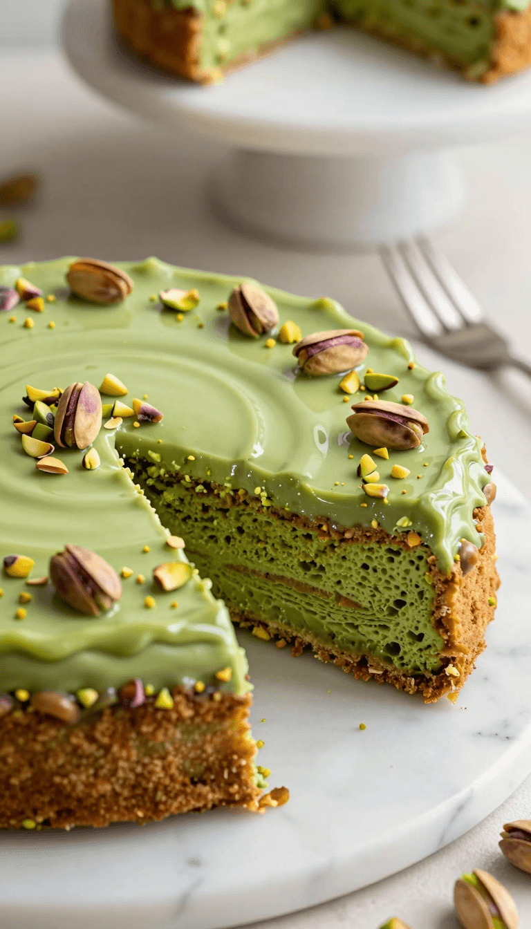 Opheliaai 提示詞:Ultra-realistic close-up photograph of a Torta al Pistacchio, a rich and moist p…