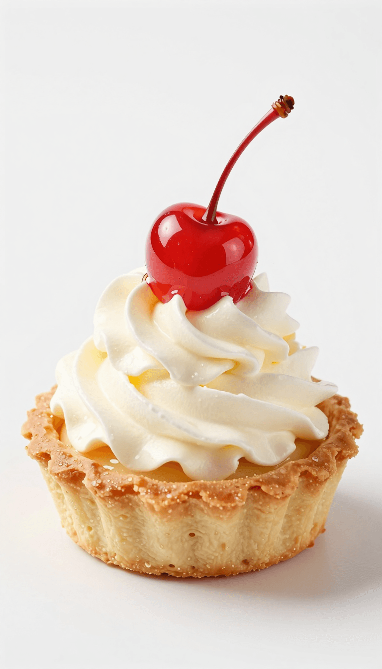Opheliaai พรอมต์:a frontal view of a gourmet tartlet with a fluffy whipped cream swirl on top and…