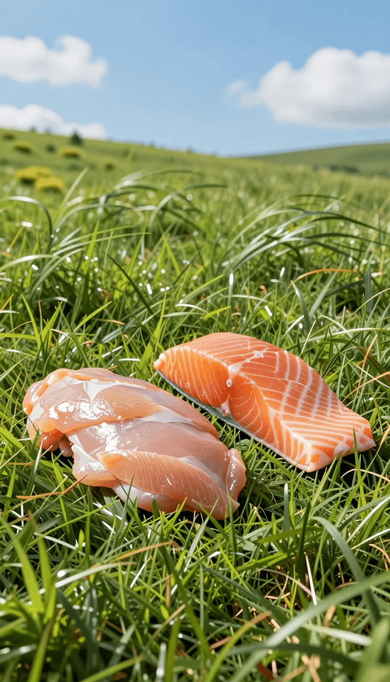 Opheliaai промпт:Main body: The grass is neatly arranged with tender and juicy chicken and salmon…