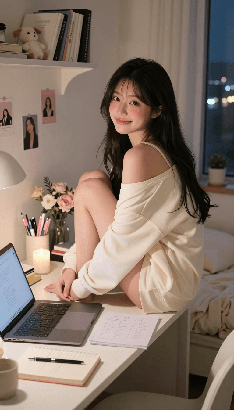 Opheliaai prompt:Ultra-realistic cozy Korean study-room portrait of a beautiful Korean woman sitt…