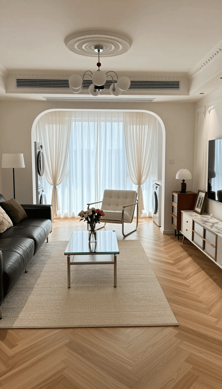 Opheliaai พรอมต์:Photograph of a modern living room with a symmetrical composition. The camera an…