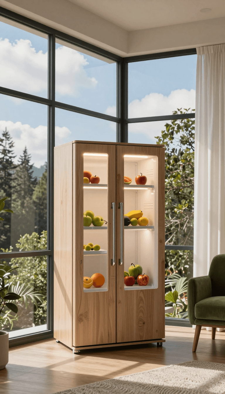 Opheliaai prompt:bx,Bx, Fridge, cabinet,light strip,French cabinet,windows forest,clouds,green ch…