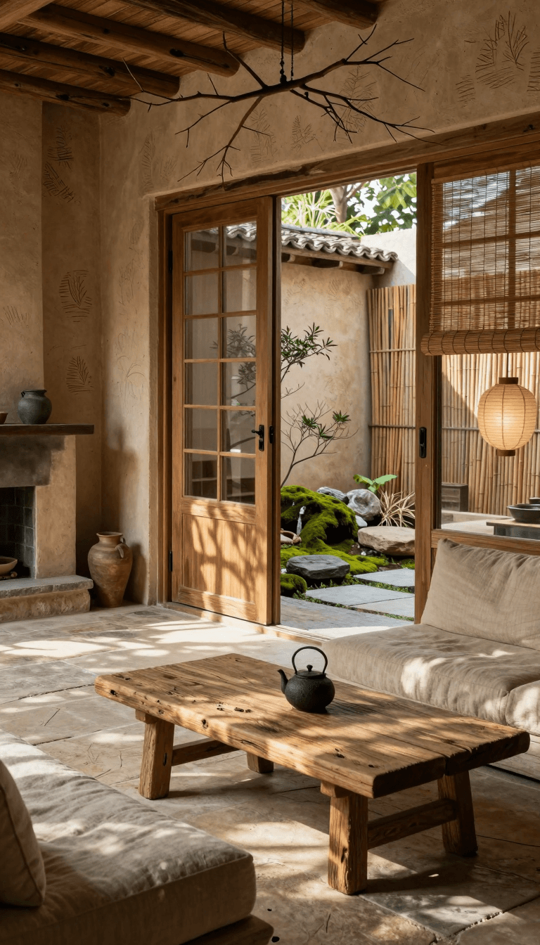 Opheliaai Prompt:Wabi-sabi style,Wabi-sabi style,a full wooden sliding door,glass sliding doors c…