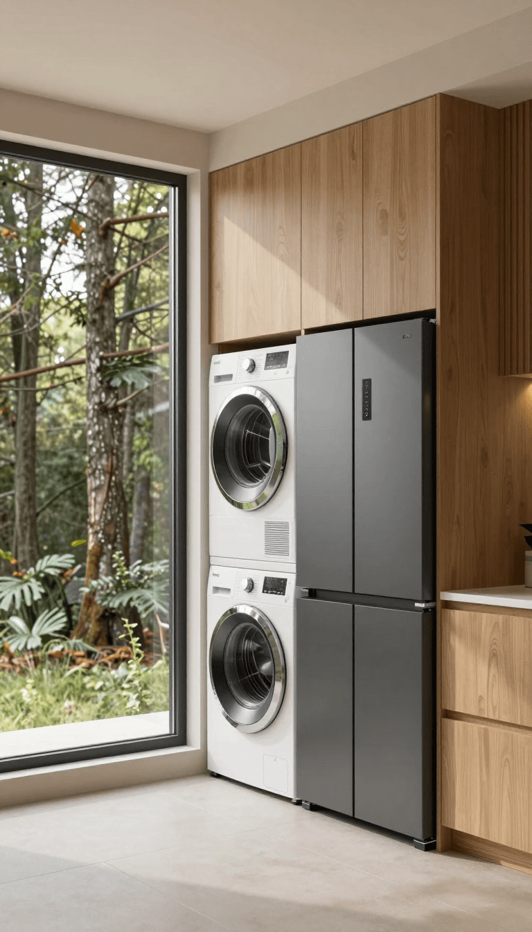 Opheliaai prompt:01,Photograph of a modern, minimalist laundry room with a large, floor-to-ceilin…