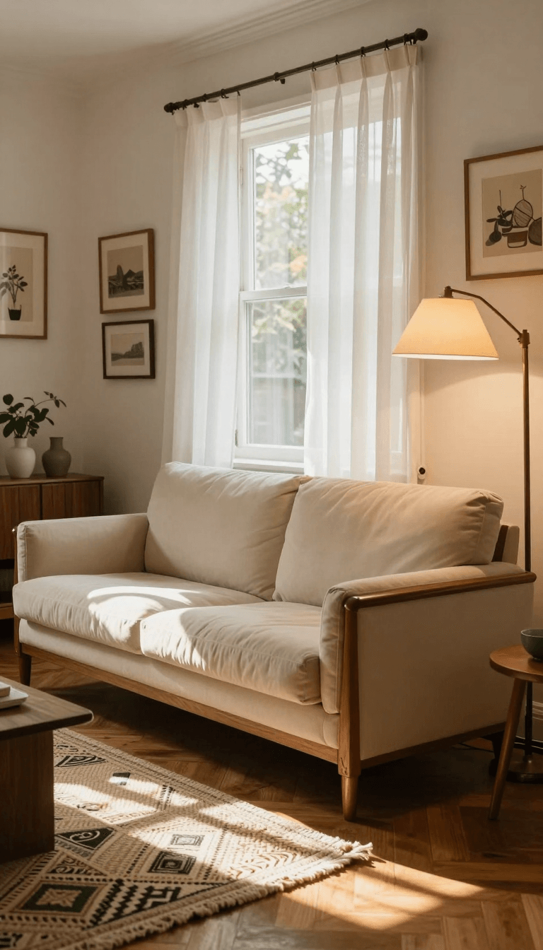 Opheliaai موجه:A cozy mid-century living room with a focus on natural lighting and subtle shado…