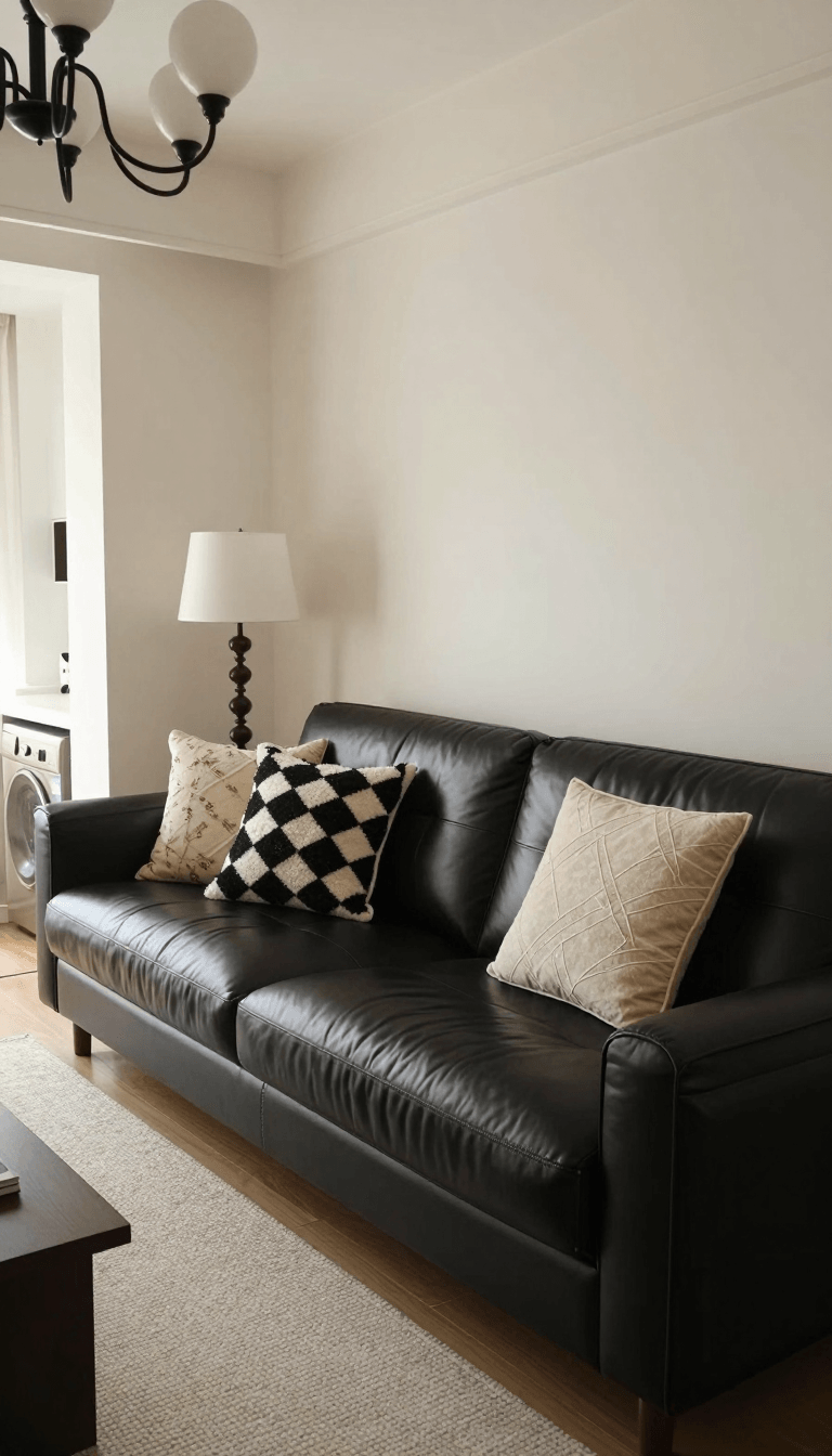 Opheliaai prompt:A cozy living room full of retro beauty. A black leather sofa is placed against…