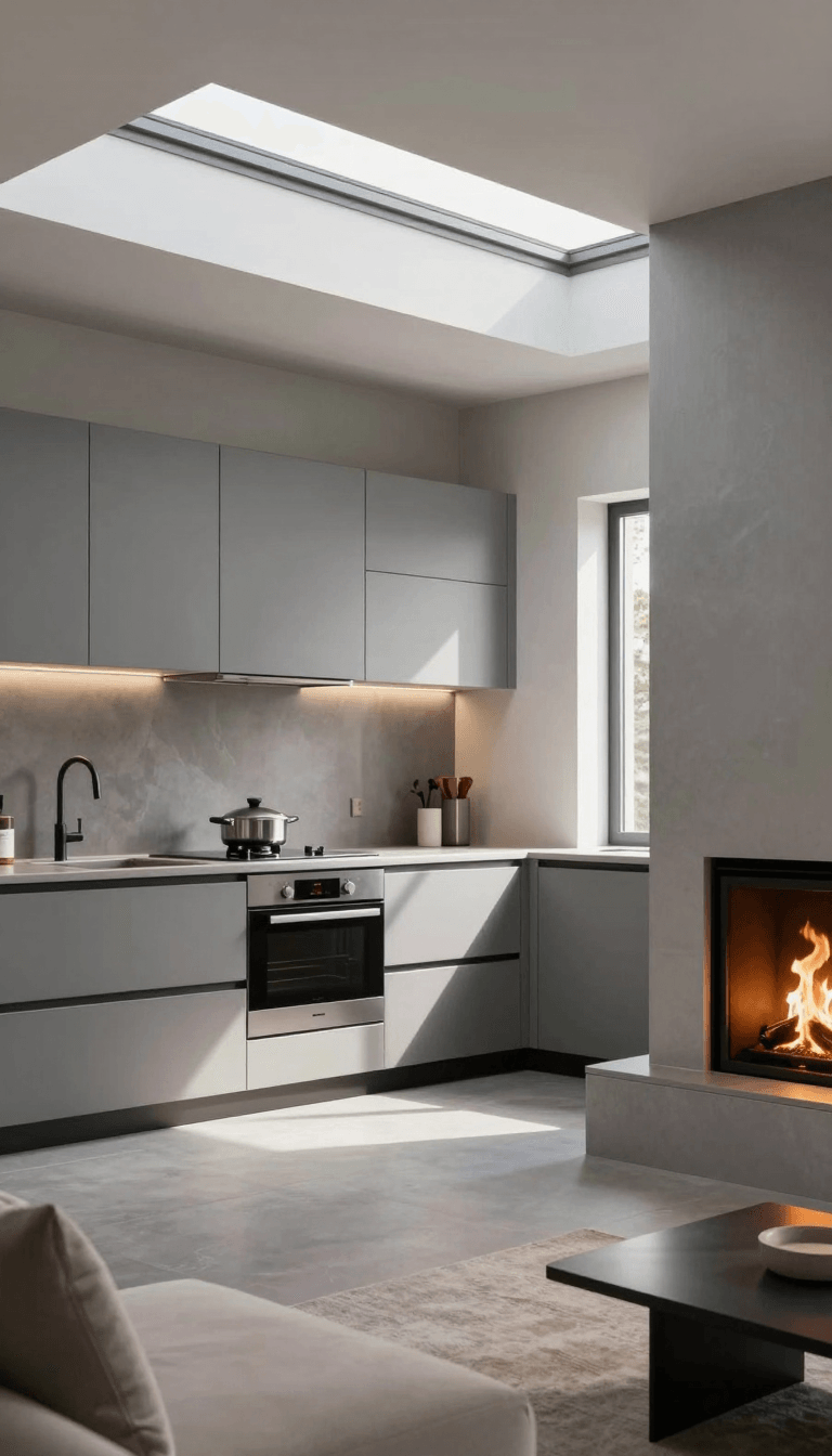 Opheliaai prompt:01,Photograph of a modern, minimalist kitchen and living area with sleek, grey c…