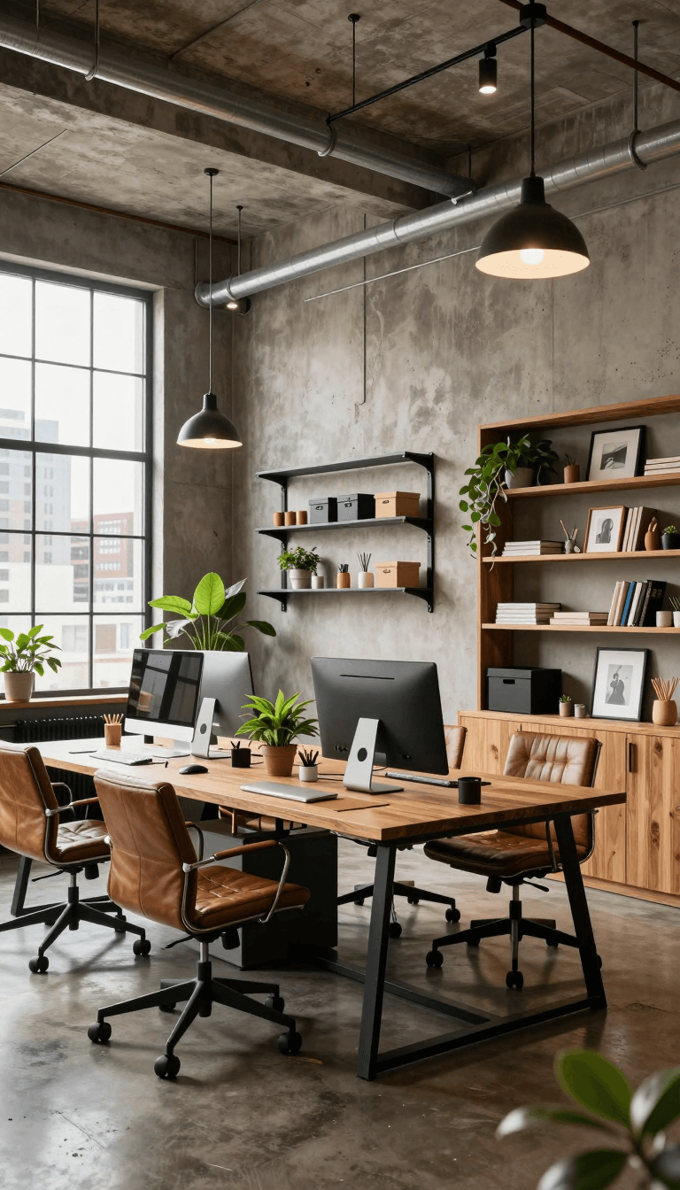 Opheliaai موجه:This image depicts a modern industrial style office space with a warm and pleasa…