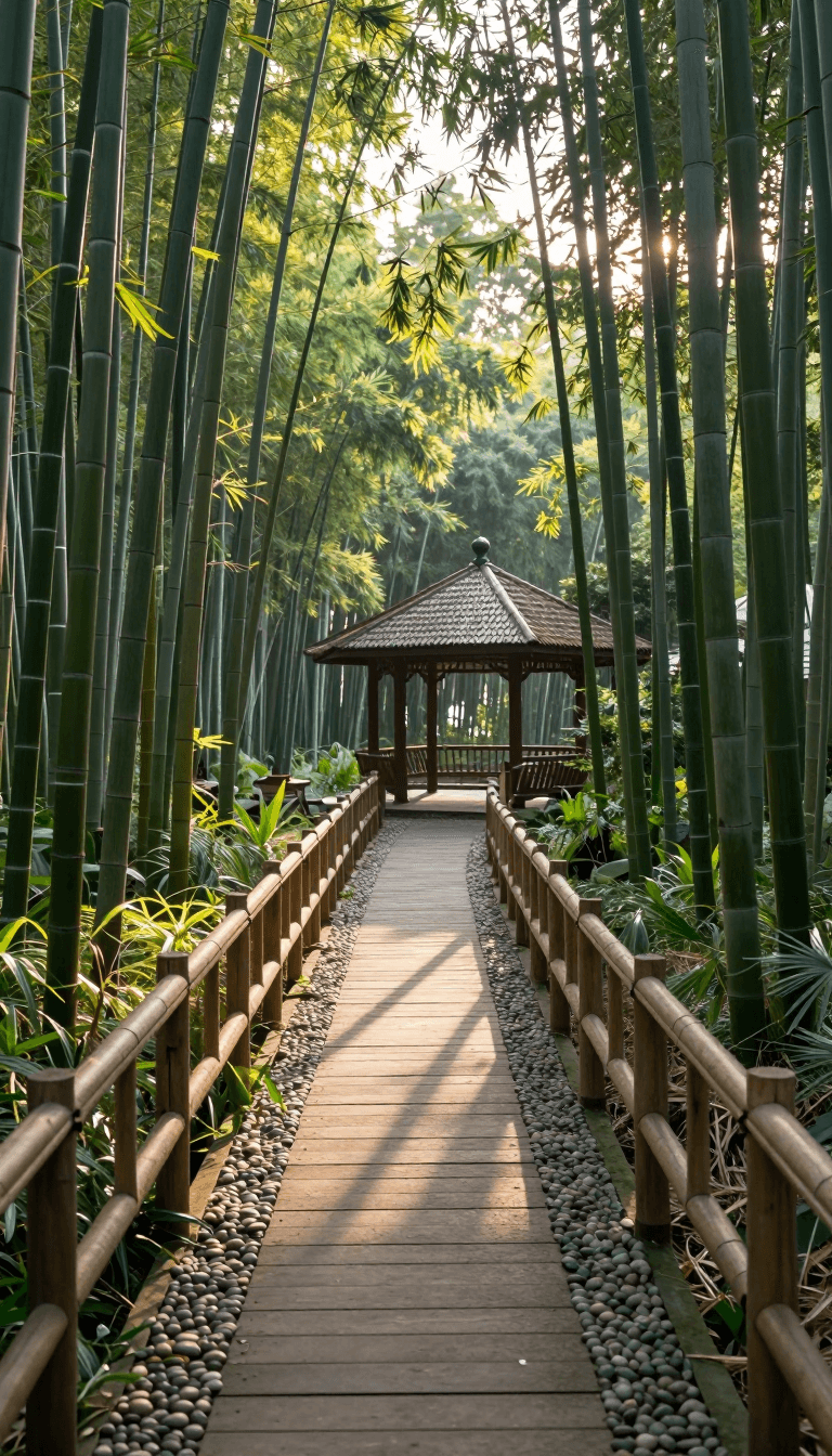 Opheliaai prompt:JJ,JJ,a vibrant photograph captures a tranquil bamboo forest path during sunrise…
