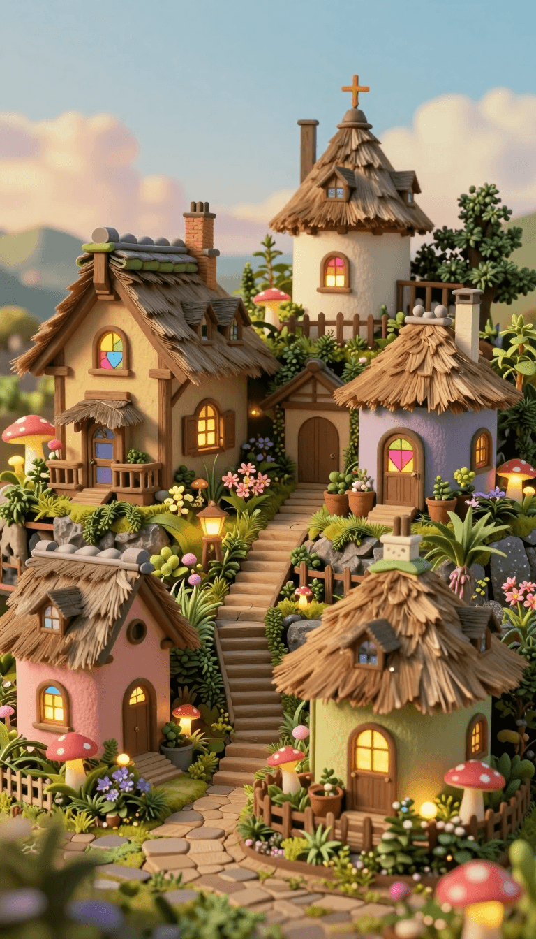 Opheliaai Prompt:miniaturized fairy tale village,whimsical diorama,Studio Ghibli style,pastel-col…