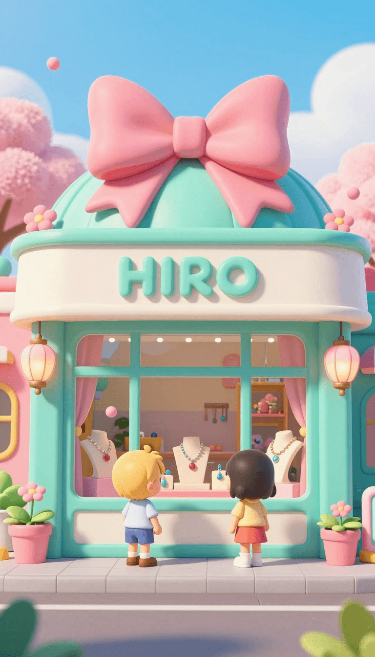 Opheliaai prompt:HIRO, A whimsical CGI illustration of a pastel-colored HIRO. storefront with a t…