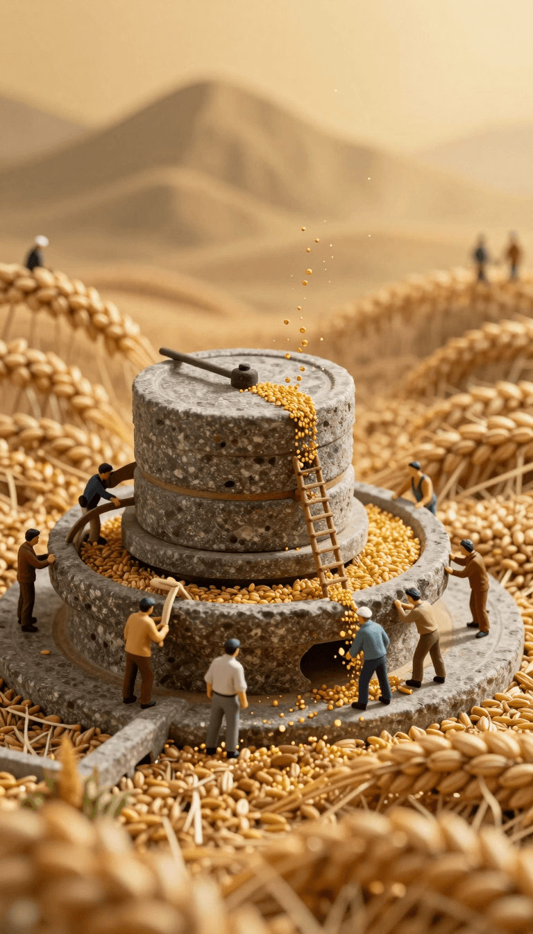 Opheliaai พรอมต์:Miniature photography,In the microscopic world, the ancient stone mill stands ta…