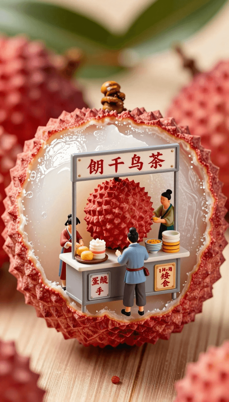 Opheliaai prompt:A giant lychee with the texture of ice cream, carved into it is an open street f…