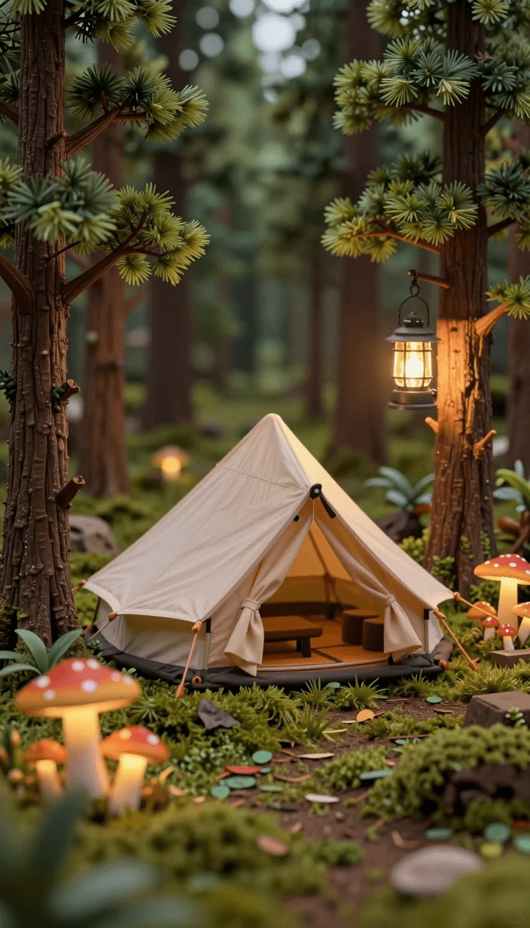 Opheliaai พรอมต์:a miniature diorama of a fantasy forest adventure camp,with a small tent surroun…