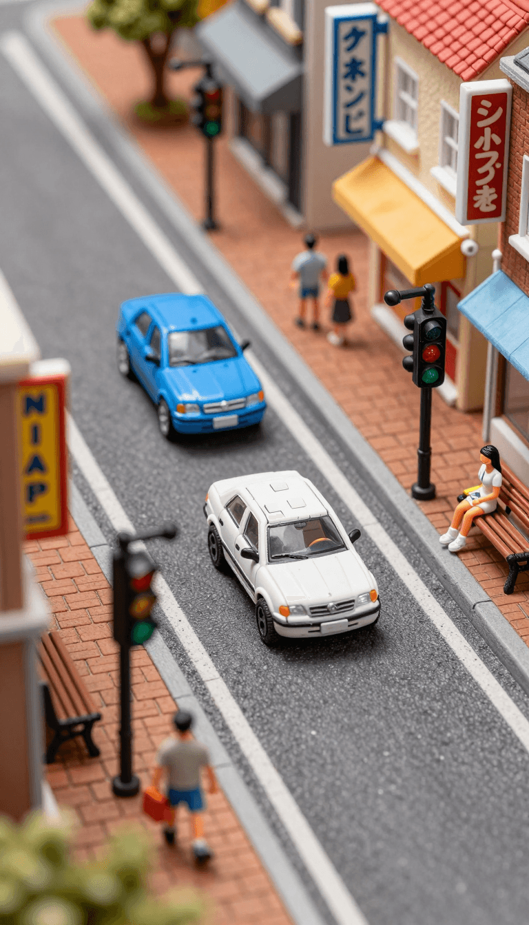 Opheliaai prompt:Microscopic city street scene, tiny cars made of beads, minuscule shop signs, do…