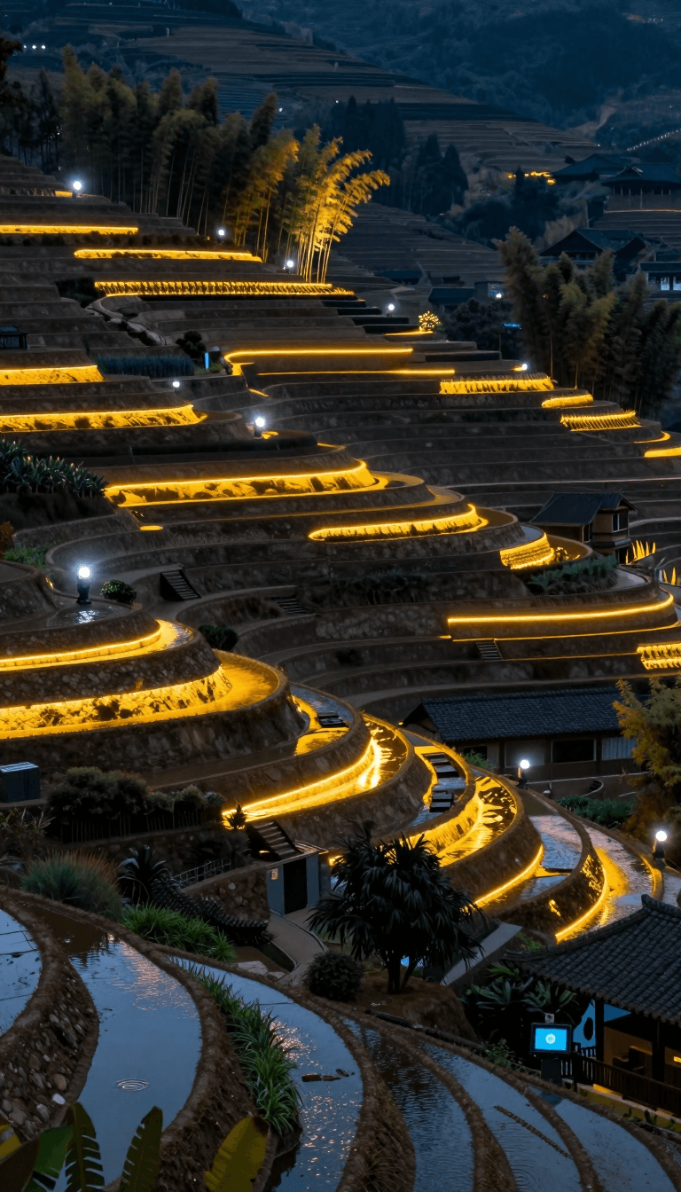 Opheliaai Prompt:Landscape lighting,Lighting design,With mountain terraces as the main subject, e…